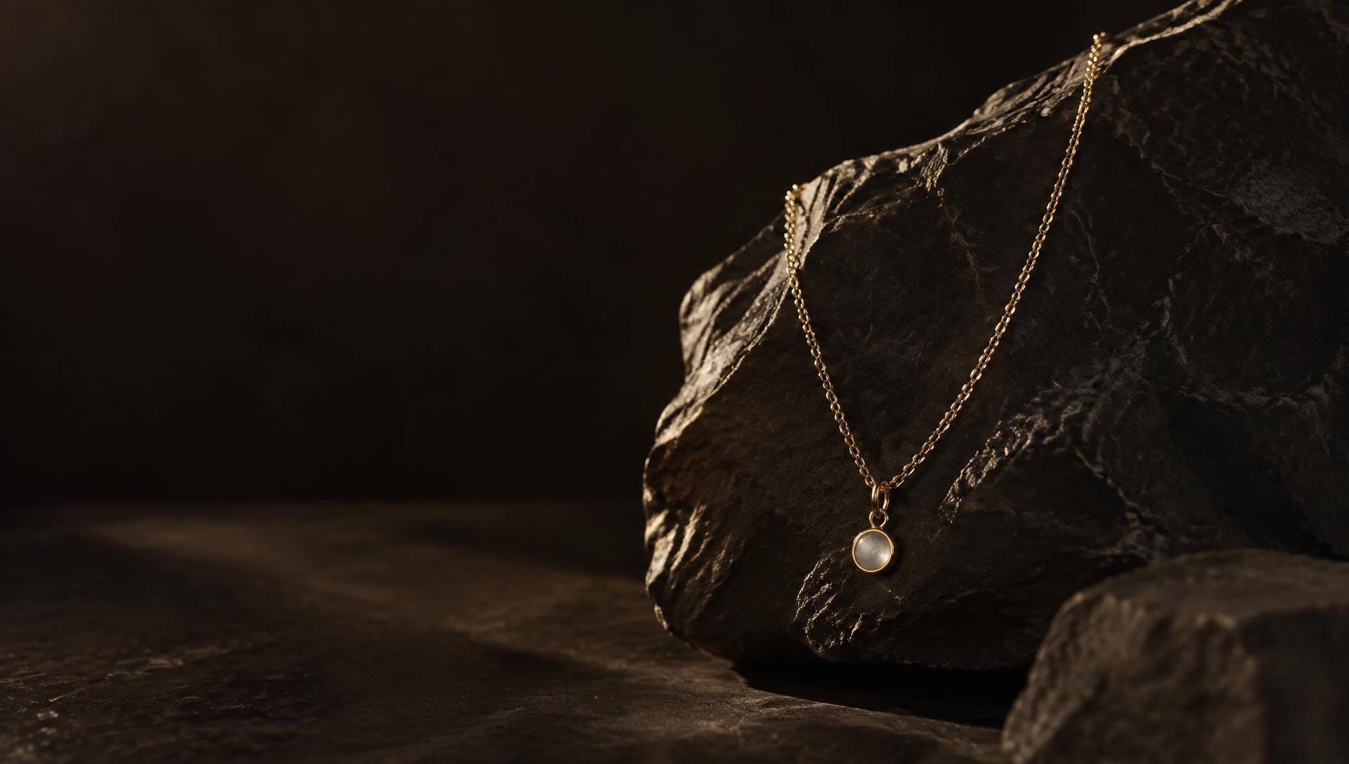 Gold pendant necklace draped over dark stone