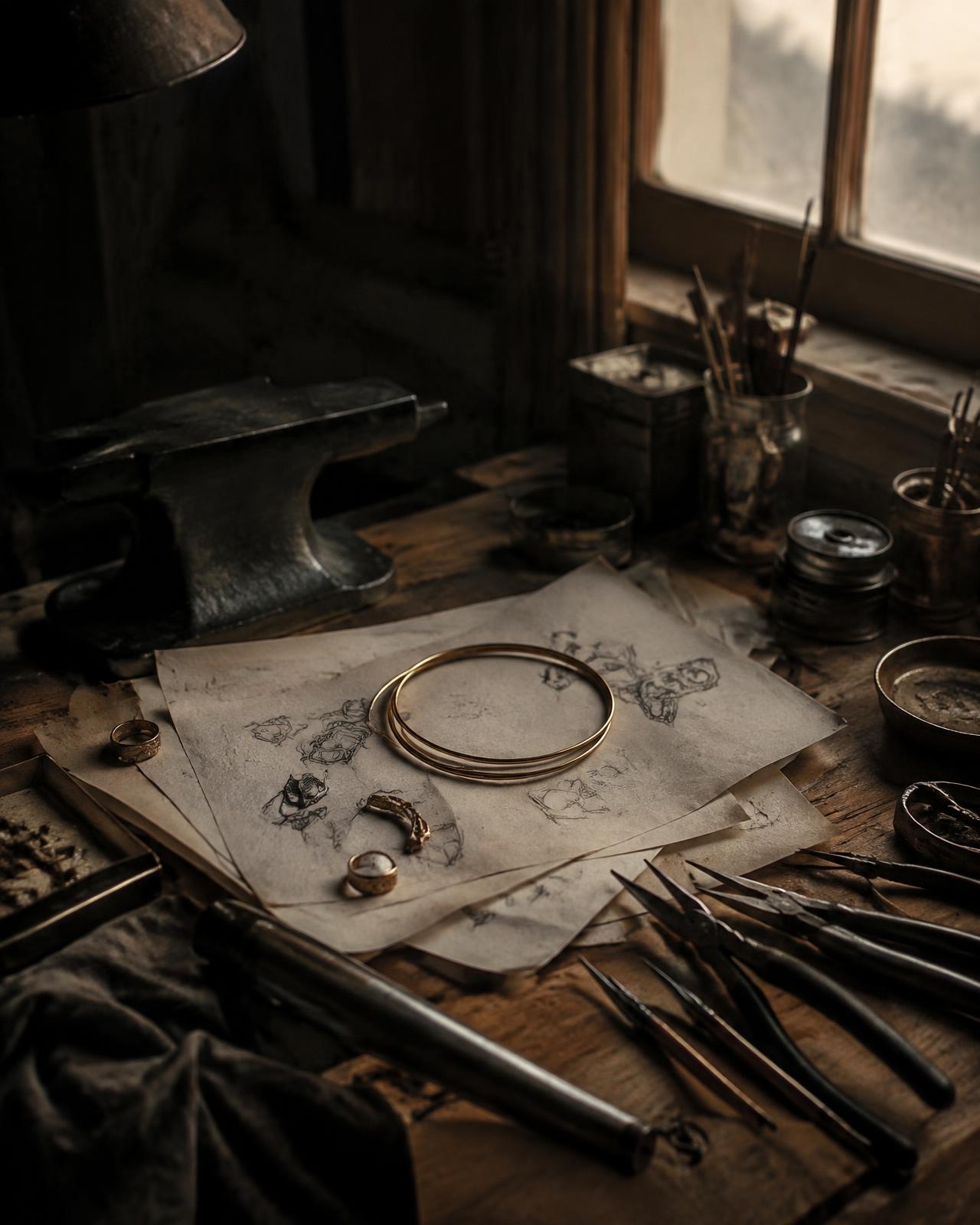 Jeweler's workbench with sketches and gold bangles